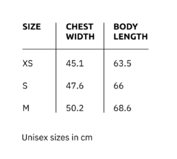 Hemptees- size tabel